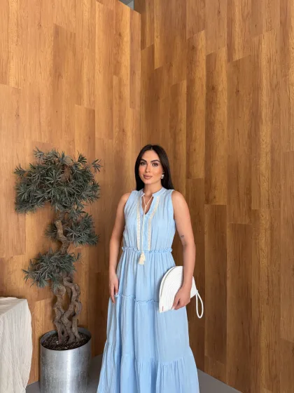 Mavi Volanlı Yazlık Kadın Elbise